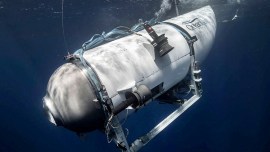 The Titan submersible, operated by OceanGate Expeditions to explore the wreckage of the sunken Titanic off the coast of Newfoundland, dives in an undated photograph.