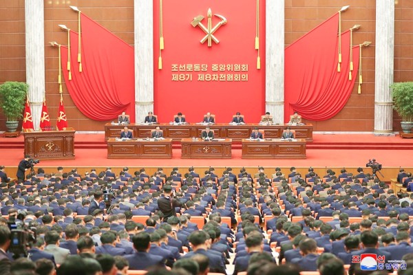 In this photo provided by the North Korean government, North Korean leader Kim Jong Un, bottom center on stage, attends an enlarged plenary meeting of the ruling Workers’ Party’s Central Committee at the party's headquarters in Pyongyang, North Korea, Friday, June 16, 2023. Independent journalists were not given access to cover the event depicted in this image distributed by the North Korean government. The content of this image is as provided and cannot be independently verified. Korean language watermark on image as provided by source reads: "KCNA" which is the abbreviation for Korean Central News Agency. (Korean Central News Agency/Korea News Service via AP)