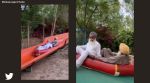old men enjoying water slides
