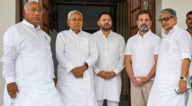 Bihar Chief Minister Nitish Kumar and Deputy Chief Minister Tejashwi Yadav with Congress President Mallikarjun Kharge, Congress leader Rahul Gandhi and JD (U) President Rajiv Ranjan Singh, in New Delhi, April 12, 2023. (PTI Photo)