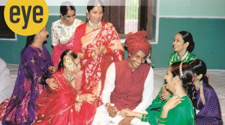 Mita Vashisht (standing centre) in a sari from the Moomal collection; Sanjay Garg shot the catalogue for this collection with women from his circle of friends and family, in Rajasthan