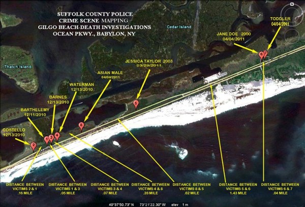 The locations where eight of 10 bodies were found near Gilgo Beach since December 2010 are seen in this Suffolk County Police handout image released to Reuters on September 20, 2011. 