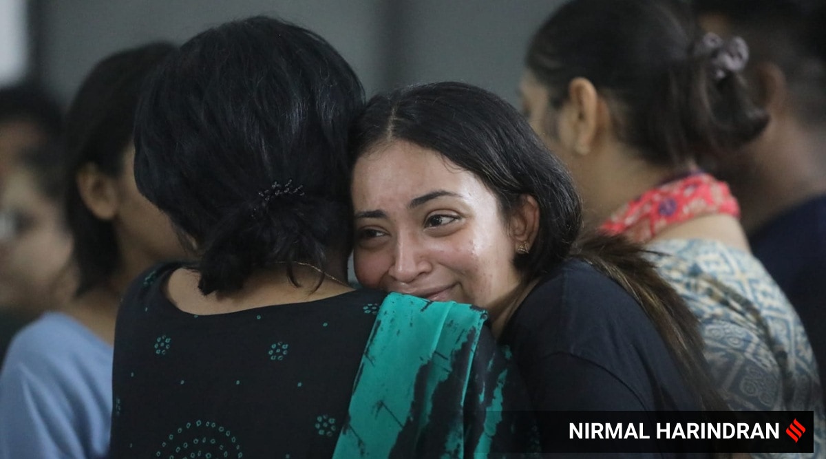 Relatives of the victims of Iskcon flyover accident at Sola Civil Hospital in Ahmedabad. (Express photo by Nirmal Harindran)