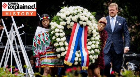 Dutch King Willem-Alexander lays a wreath at the slavery monument after apologising for the royal house's role in slavery and asked forgiveness.