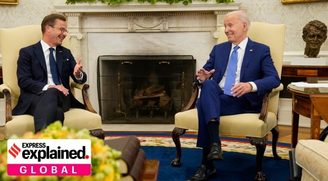 President Joe Biden (right) meets with Swedish Prime Minister Ulf Kristersson (left) in the Oval Office of the White House, Wednesday, July 5, 2023, in Washington.