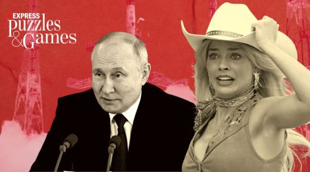 news quiz banner showing margot robbie as barbie beside putin