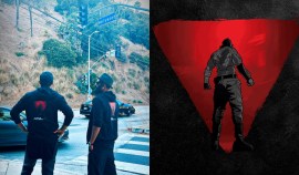 Prabhas and Rana Daggubati pose in front of a Hollywood sign board in the US