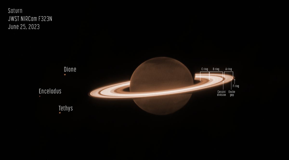 image of saturn, its rings, and three moons taken by the james webb space telescope