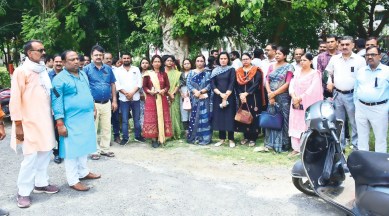 Teachers protest against Friday’s violence on the campus of DDU Gorakhpur University, on Saturday. Express