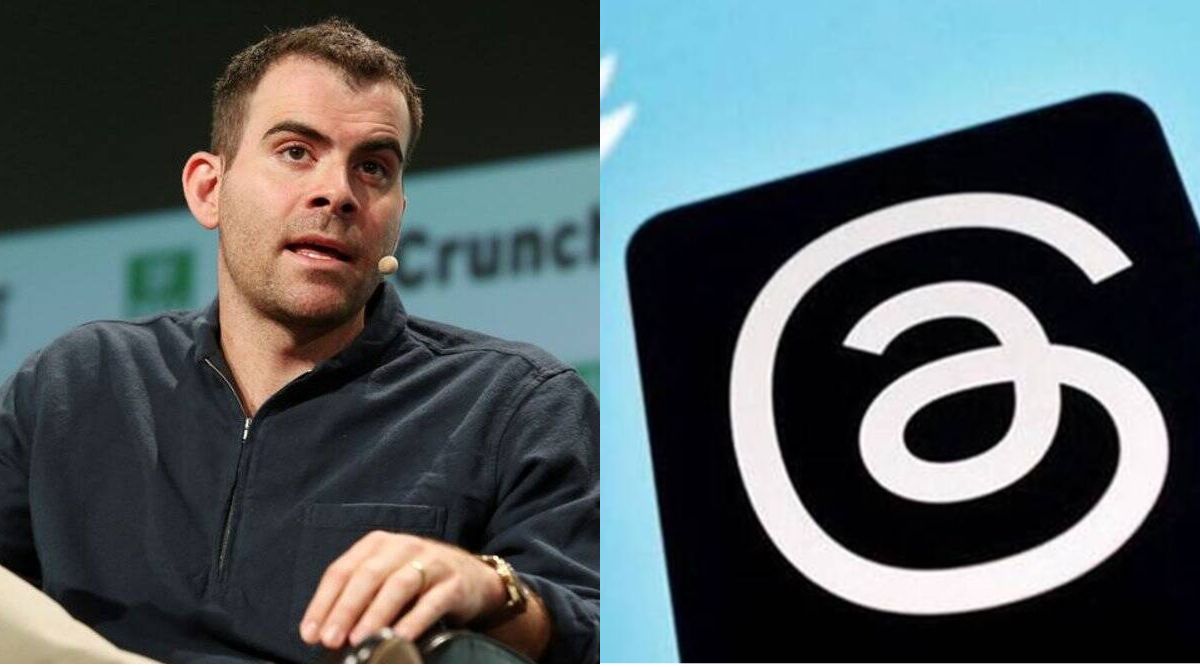 Composite image of adam mosseri and a phone with the threads logo on it