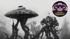 Artistic depiction of a UFO in what looks like a forest.