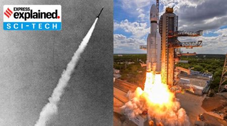 The first rocket launched from TERLS in Thumba, Kerala, just after launch in 1963 (left) and the Chandrayaan-3 launching from the Satish Dhawan Space Centre in Sriharikota, Andhra Pradesh, on July 14, 2023.