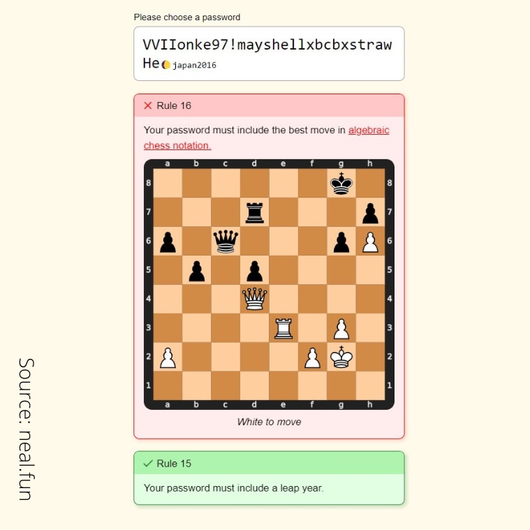 The Password Game: How to Beat Rule 16 (Algebraic Chess)