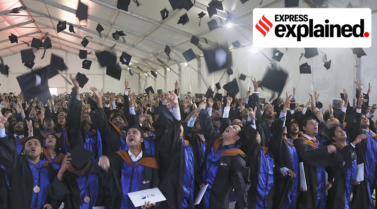 Students of ISB tossed their caps while celebrating after receiving the Certificate during Graduation Ceremony at ISB in Mohali.