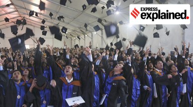 Students of ISB tossed their caps while celebrating after receiving the Certificate during Graduation Ceremony at ISB in Mohali.