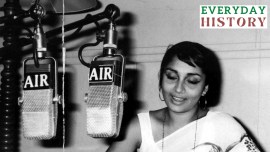 Film star Sadhana records a radio interview.