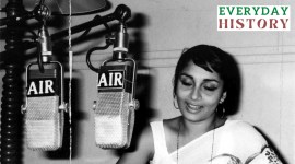 Film star Sadhana records a radio interview.