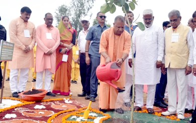 Chief Minister Yogi Adityanath at the plantation drive in Bijnor on Saturday. (Expres Photo by Vishal Srivastav)