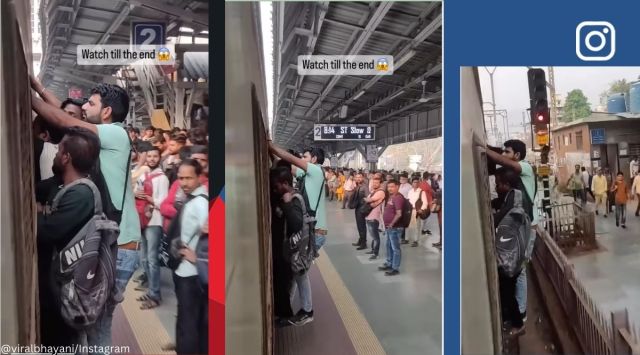 man clinging on to overcrowded Mumbai local train
