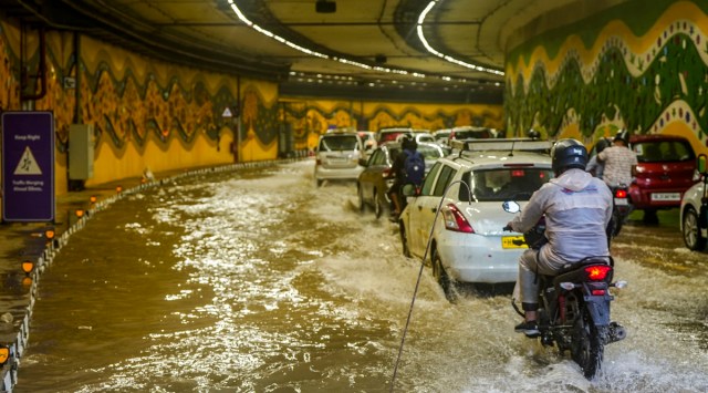 Pragati Maidan tunnel, Pragati Maidan tunnel due to waterlogging, Pragati Maidan tunnel AFTER rainfall, Delhi rain, Delhi hevay rain, Pragati Maidan tunnel waterlogging, Delhi PWD, indian express, indian express news