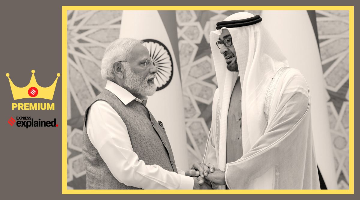 Prime Minister Narendra Modi and UAE President Sheikh Mohamed bin Zayed Al Nahyan during a meeting at Qasr Al-Watan, in Abu Dhabi.