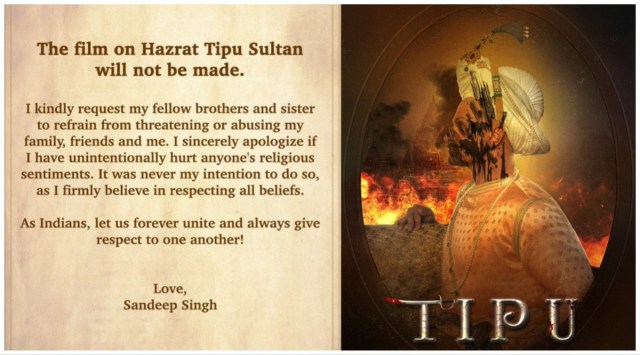 Sandeep Singh took to Twitter to announce his decision to cancel his film on Tipu Sultan. (Pic: Sandeep/Twitter)