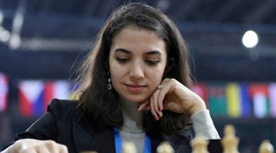 Sara Khadem of Iran plays against Olga Girya of Russia
