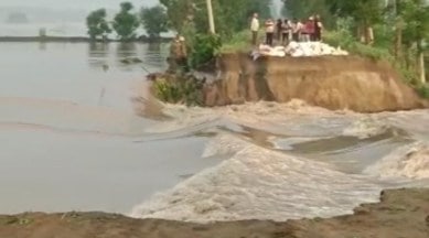 A breach in the sea band at villages of Gatta Mandi and Kaso in the Shahkot area of Jalandhar, Punjab