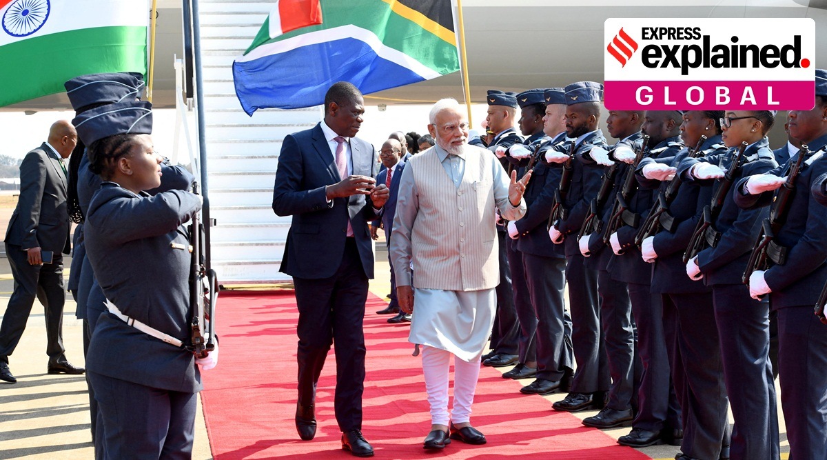 India's Prime Minister Narendra Modi is received by South Africa's Deputy President Paul Mashatile at Waterkloof Air Force Base, South Africa August 22, 2023.