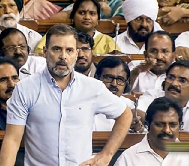 During the second day of no-confidence motion debate in Lok Sabha, the Congress leader Rahul Gandhi came down heavily on Prime Minister Narendra Modi for not visiting Manipur and alleged that the PM does not consider the state to be part of India. (PTI photo)