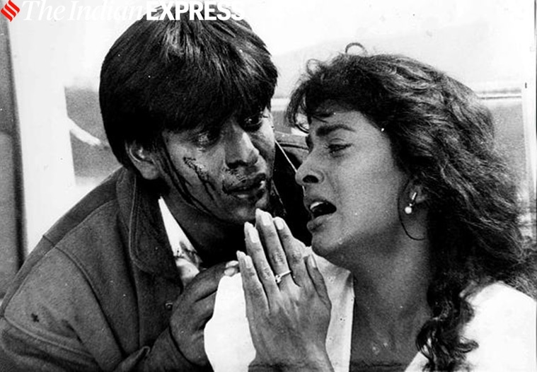 Actor Shahrukh Khan and actress Juhi Chawla in fil