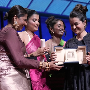 Chhaya Kadam, from left, Divya Prabha, Kani Kusruti and director Payal Kapadia accept the grand prize award for 'All We Imagine as Light,' during the awards ceremony of the 77th international film festival, Cannes, southern France, Saturday, May 25, 2024 (Photo by Andreea Alexandru/Invision/AP)