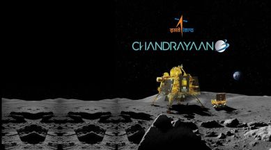 An artistic depiction of Chandrayaan-3 on the Moon with ISRO's logo and the mission name superimposed