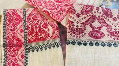 Eri Stoles with embroidered musical instruments, Jaapi, wildlife from Assam at Pragjyotika, Delhi. Photo Credit - Swasti Pachauri