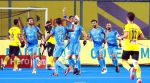 India hockey players celebrate after Jugraj Singh scored.