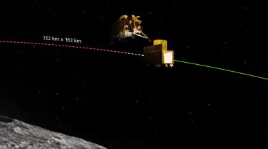 An illustration showing Chandrayaan-3's propulsion and lander modules separating.