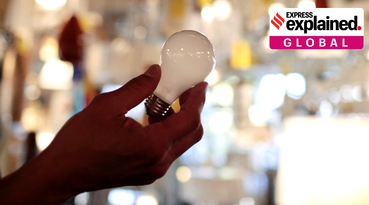 A 100-watt incandescent light bulb at Royal Lighting in Los Angeles.