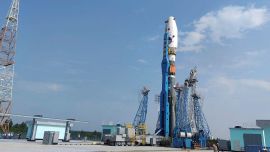 The Soyuz-2.1b rocket booster with the lunar landing spacecraft Luna-25 is lifted on the launchpad ahead of its upcoming launch at the Vostochny Cosmodrome in the Amur region, Russia.