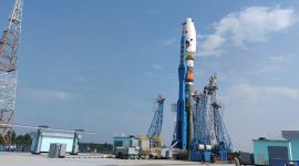 The Soyuz-2.1b rocket booster with the lunar landing spacecraft Luna-25 is lifted on the launchpad ahead of its upcoming launch at the Vostochny Cosmodrome in the Amur region, Russia.