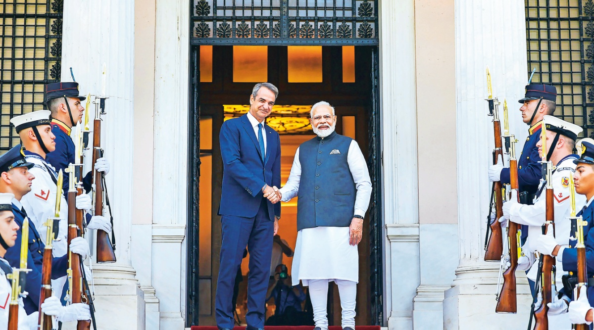 Modi in Greece, narendra Modi in Greece, Greek PM Kyriakos Mitsotakis, India news, Indian express, Indian express India news, Indian express India