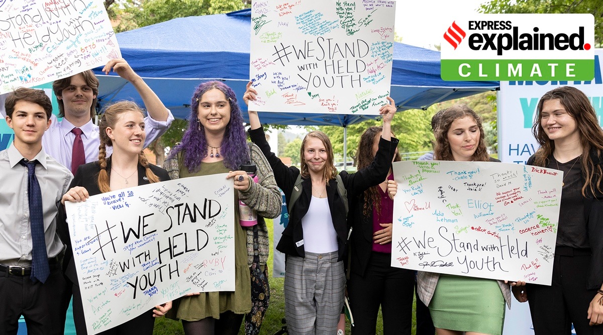 Youth plaintiffs in Held v. State of Montana gather at Pioneer Park in Helena, Mont., on June 13, 2023. (Janie Osborne/The New York Times)