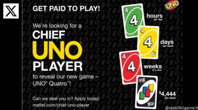 Mattel Uno Quatro job posting offers $4,444 per week to play game