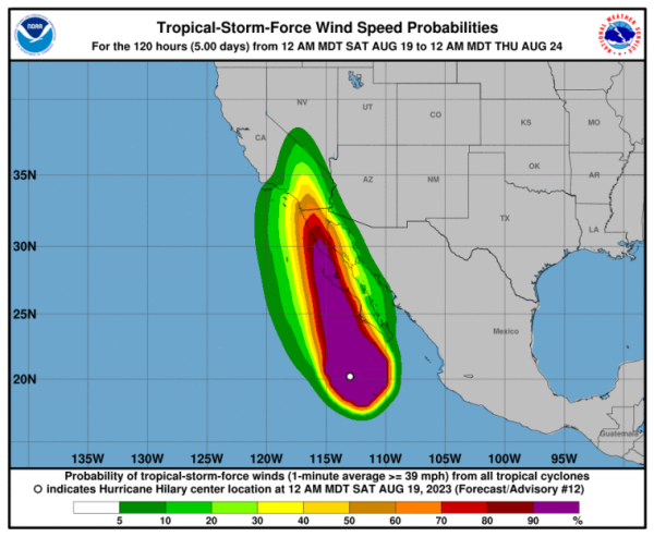 Hurricane Hilary Windspeed probability