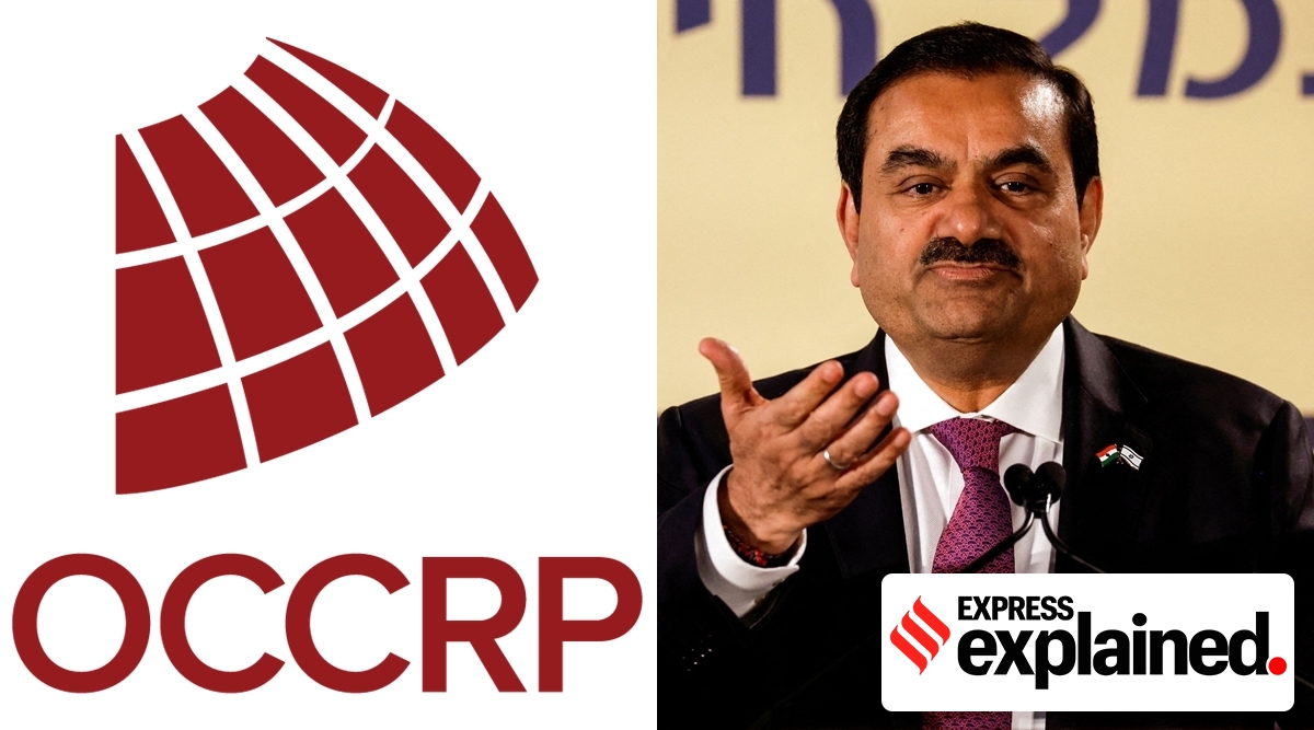 OCCRP logo and Gautam Adani.
