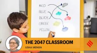 2047 classroom , Multimedia classrooms, Mahatma Gandhi, school curriculm, school gardens, projector teaching, Panchayat schools, professional community, indian express news