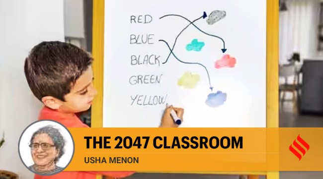 2047 classroom , Multimedia classrooms, Mahatma Gandhi, school curriculm, school gardens, projector teaching, Panchayat schools, professional community, indian express news
