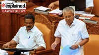 Kerala Chief Minister Pinarayi Vijayan addresses the Assembly session, in Thiruvananthapuram, Tuesday, Aug. 8, 2023. State cabinet minister K. Radhakrishnan is also seen