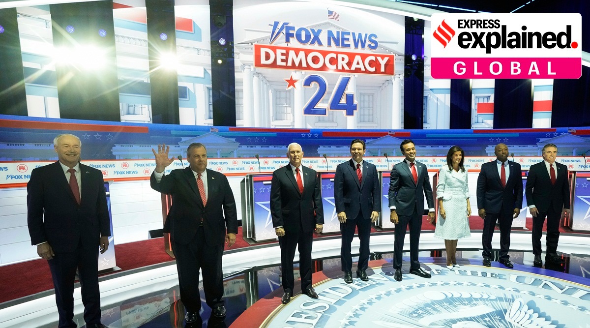 Republican presidential candidates, from left, former Arkansas Gov. Asa Hutchinson, former New Jersey Gov. Chris Christie, former Vice President Mike Pence, Florida Gov. Ron DeSantis, businessman Vivek Ramaswamy, former U.N. Ambassador Nikki Haley, Sen. Tim Scott, R-S.C., and North Dakota Gov. Doug Burgum stand on stage before a Republican presidential primary debate hosted by FOX News Channel Wednesday, Aug. 23, 2023, in Milwaukee.