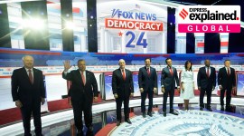 Republican presidential candidates, from left, former Arkansas Gov. Asa Hutchinson, former New Jersey Gov. Chris Christie, former Vice President Mike Pence, Florida Gov. Ron DeSantis, businessman Vivek Ramaswamy, former U.N. Ambassador Nikki Haley, Sen. Tim Scott, R-S.C., and North Dakota Gov. Doug Burgum stand on stage before a Republican presidential primary debate hosted by FOX News Channel Wednesday, Aug. 23, 2023, in Milwaukee.