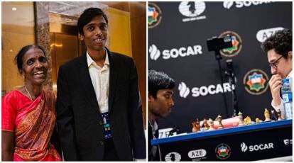 Rameshbabu Praggnanandhaa with Viswanathan Anand. Rameshbabu